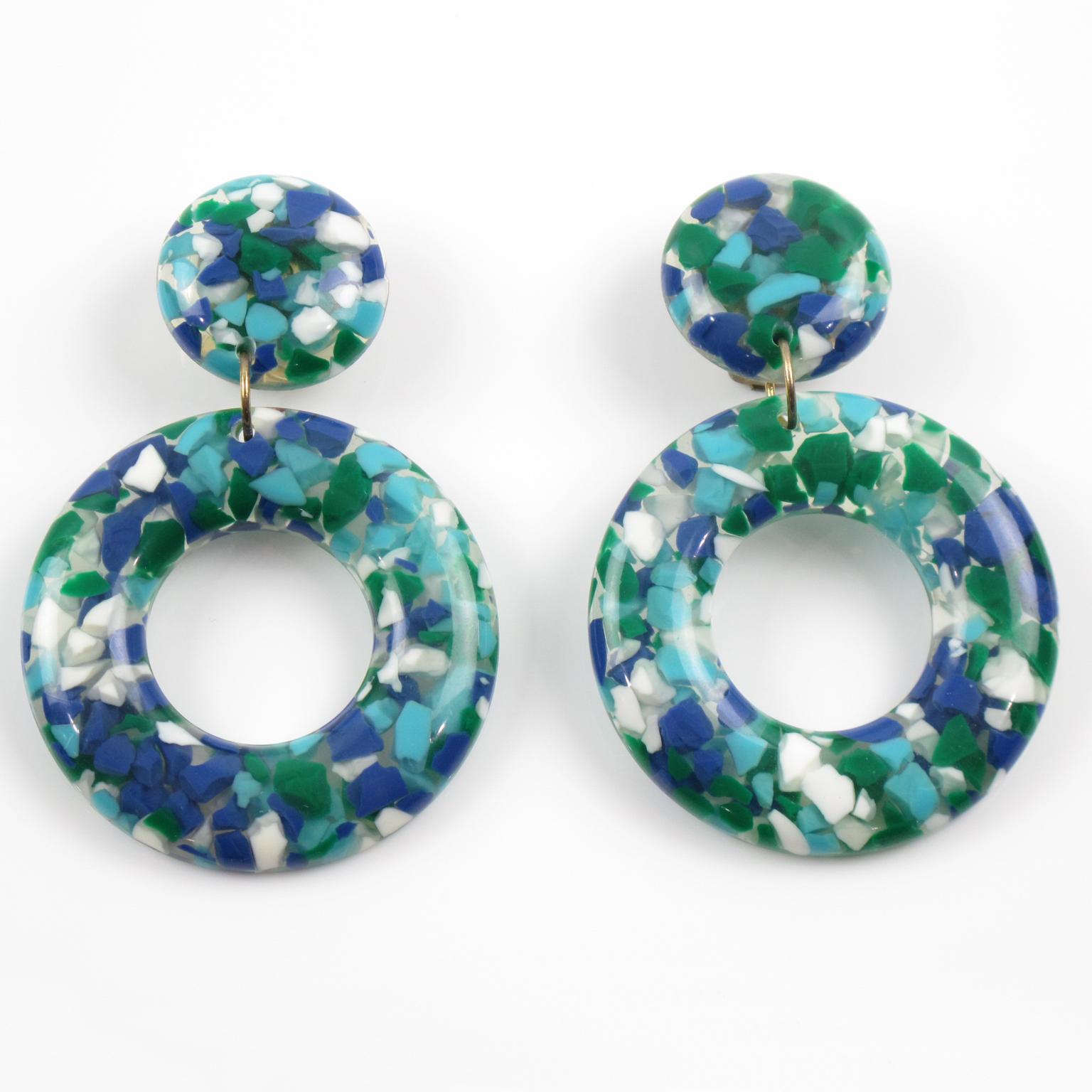 Modernist Turquoise Blue Lucite Donut Clip Earrings