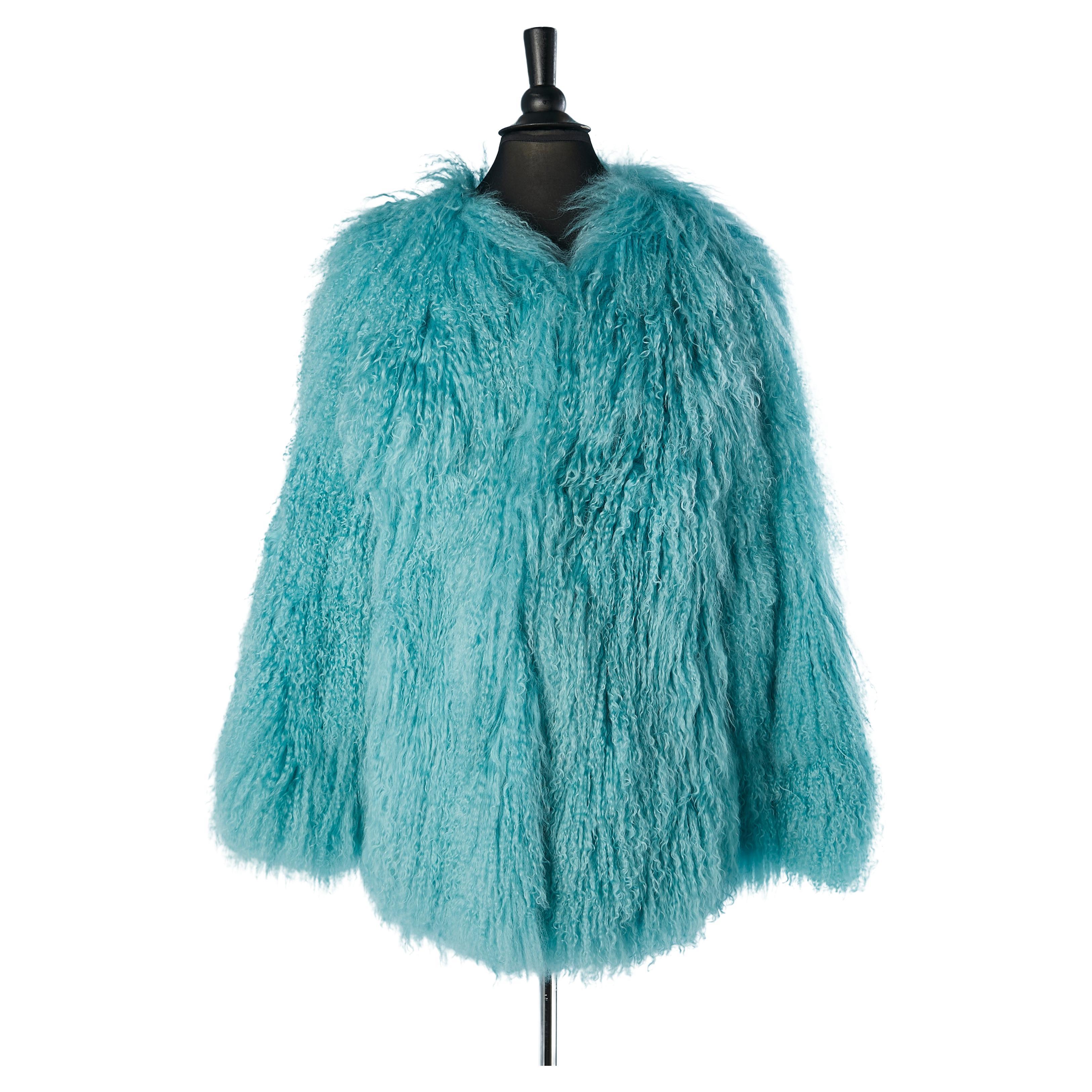 Turquoise blue Mongolian fur puffer jacket