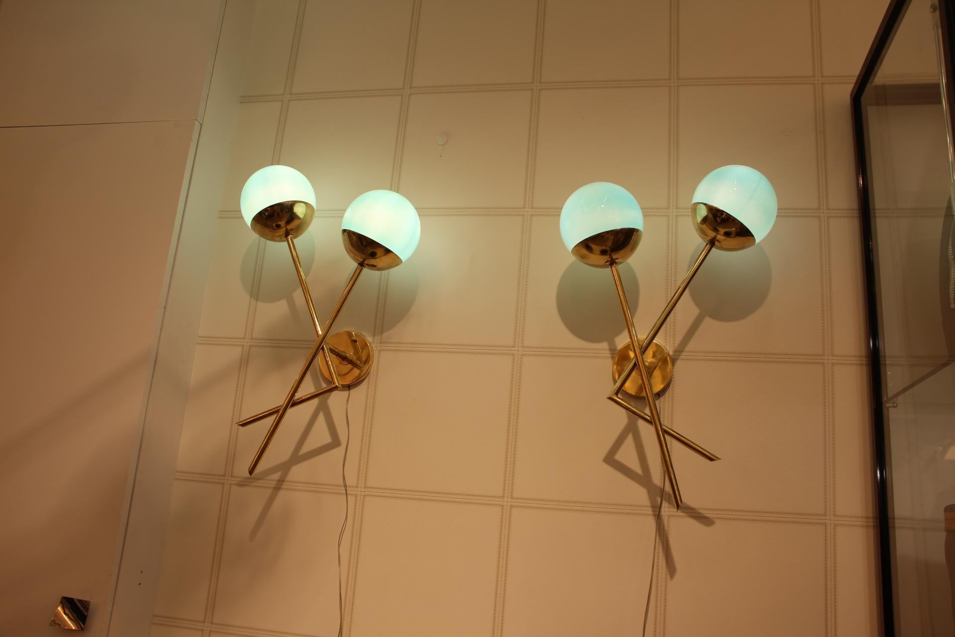 Turquoise Blue Murano Glass and Brass Wall Lights, Blue Sconces For Sale 6