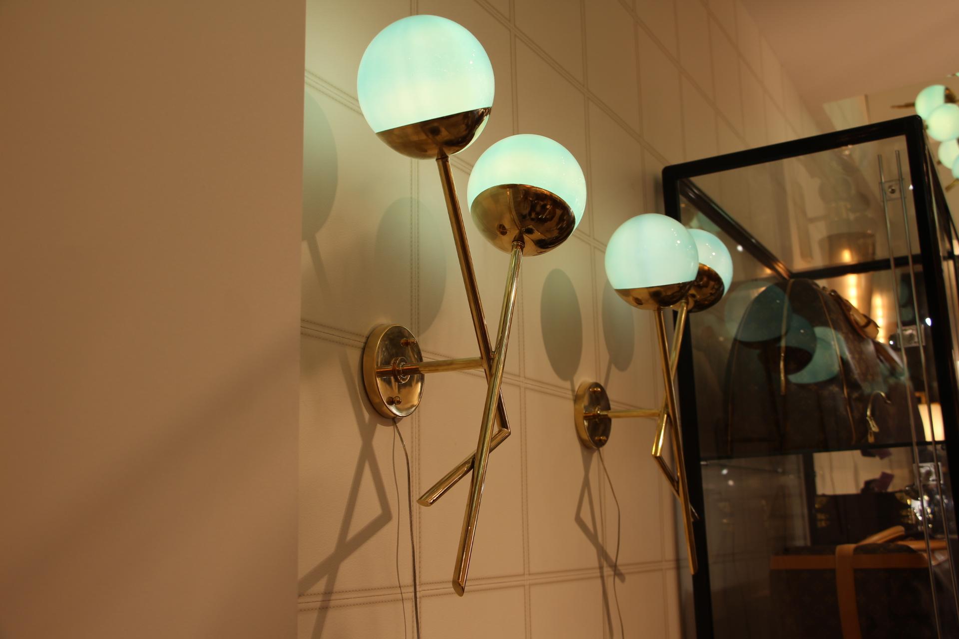 Turquoise Blue Murano Glass and Brass Wall Lights, Blue Sconces For Sale 7
