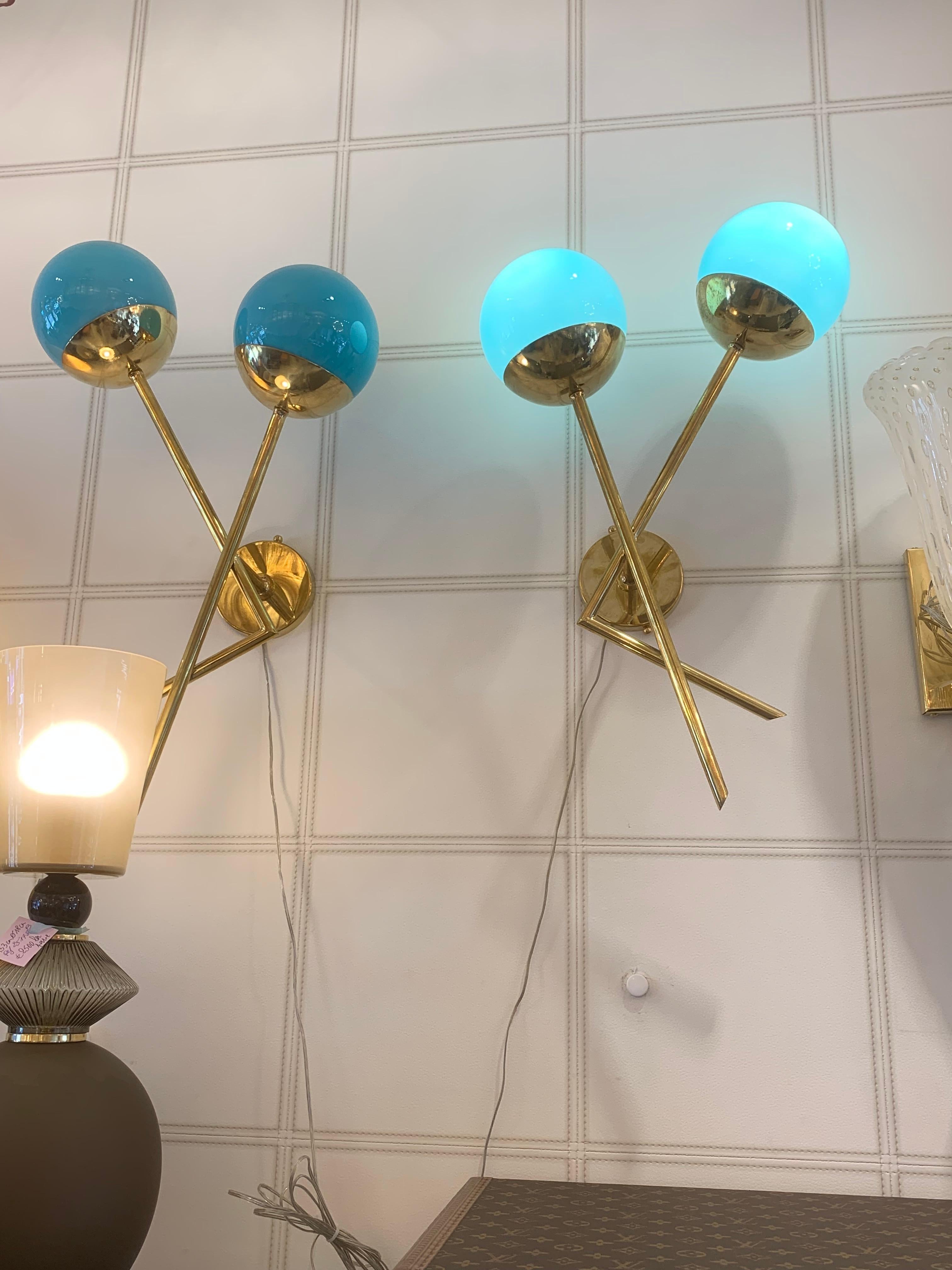 Turquoise Blue Murano Glass and Brass Wall Lights, Blue Sconces For Sale 8