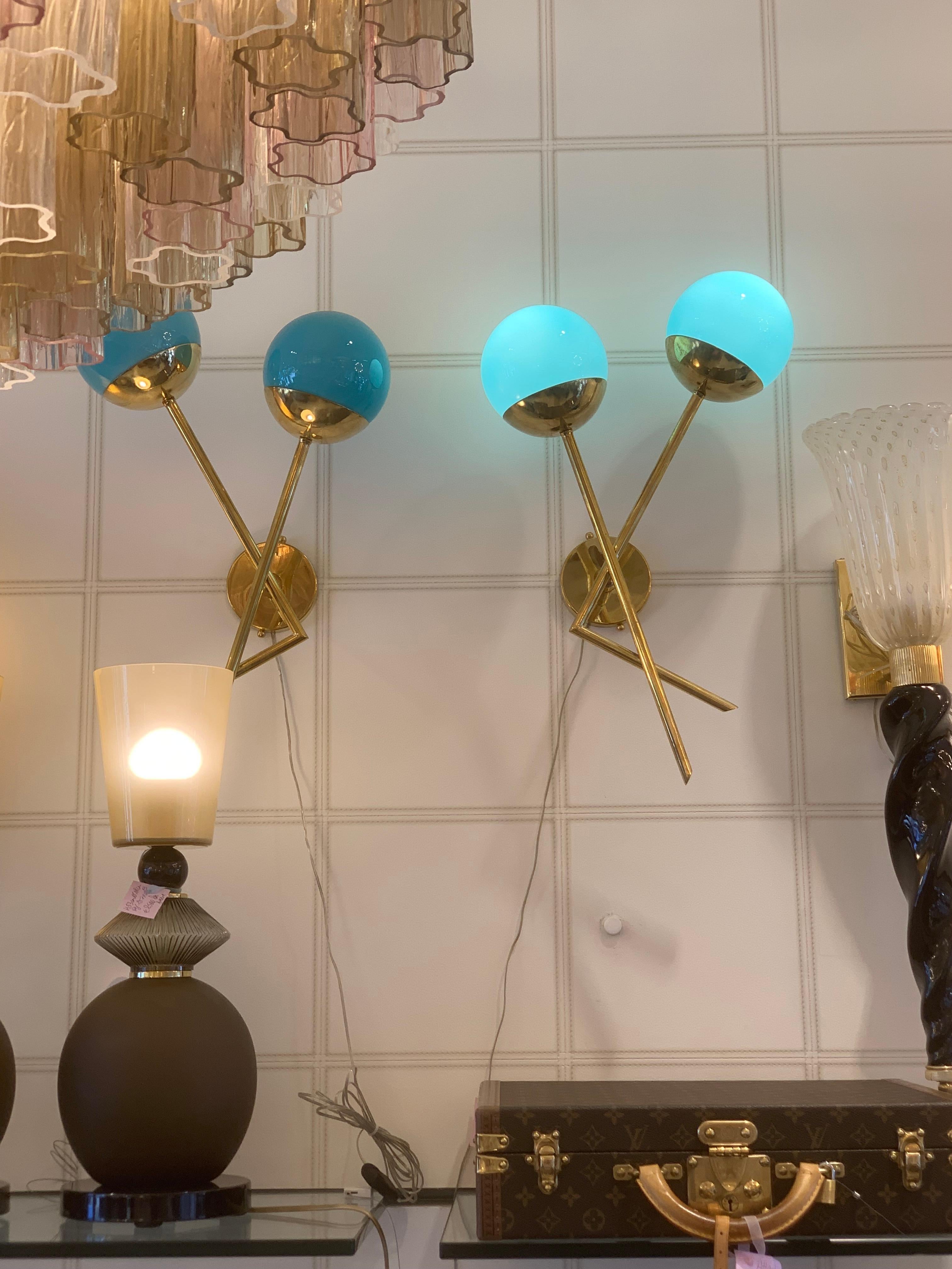 Turquoise Blue Murano Glass and Brass Wall Lights, Blue Sconces For Sale 9