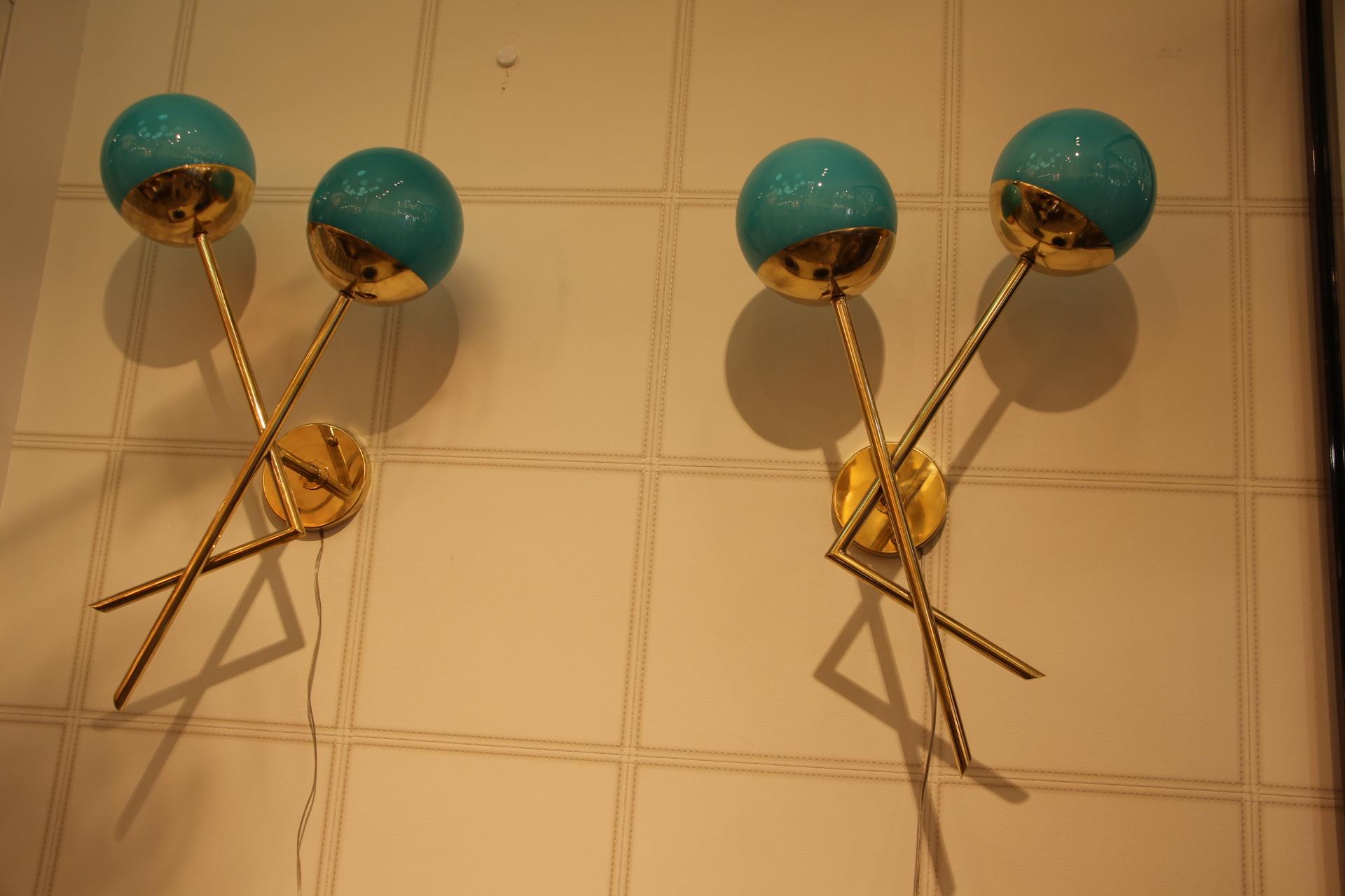 Turquoise Blue Murano Glass and Brass Wall Lights, Blue Sconces For Sale 2