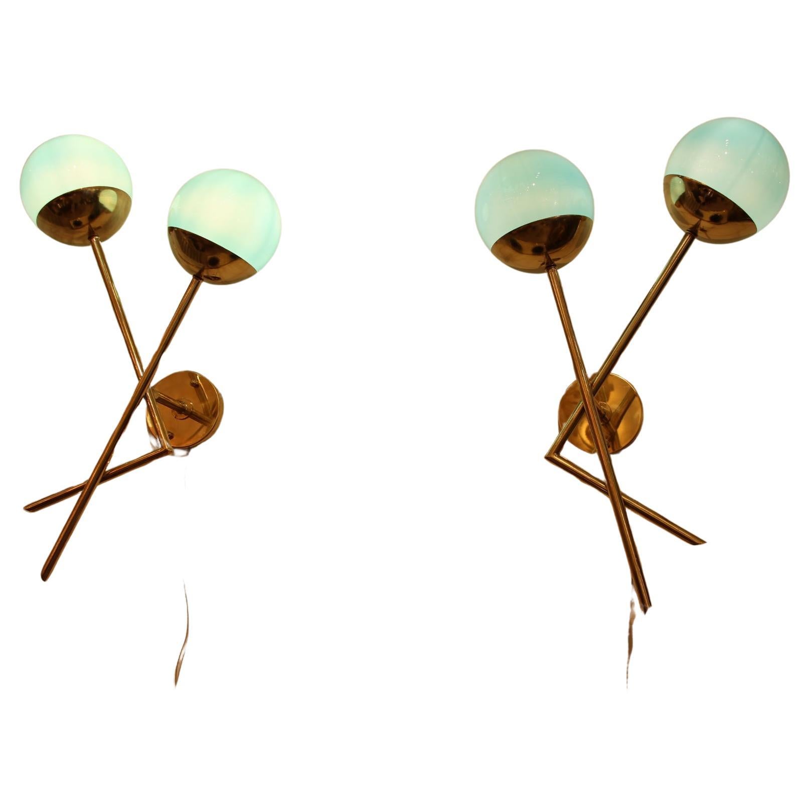Turquoise Blue Murano Glass and Brass Wall Lights, Blue Sconces