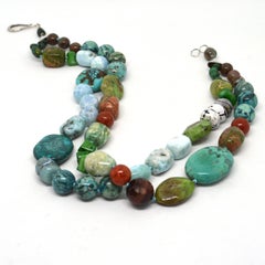 Decadent Jewels Turquoise Blue Opal Sea Bamboo Unakite Larimar Silver Necklace