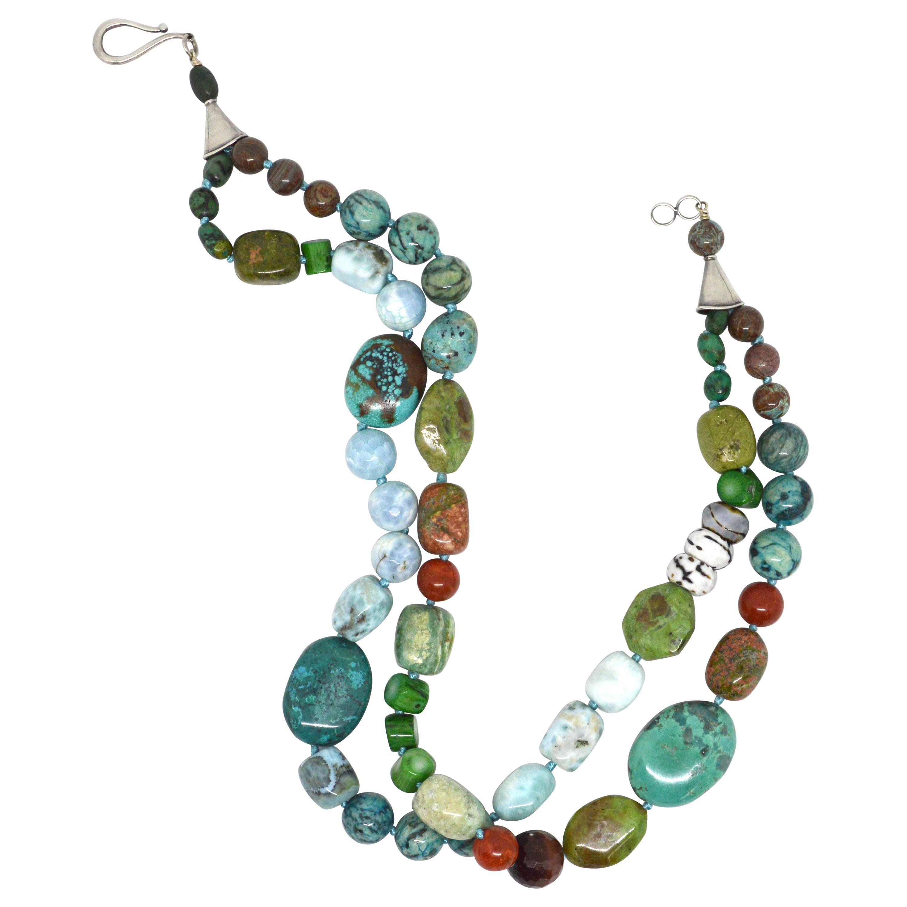 Decadent Jewels Turquoise Blue Opal Sea Bamboo Unakite Larimar Silver Necklace For Sale