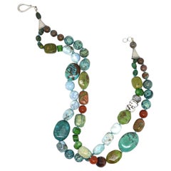 Decadent Jewels Turquoise Blue Opal Sea Bamboo Unakite Larimar Silver Necklace