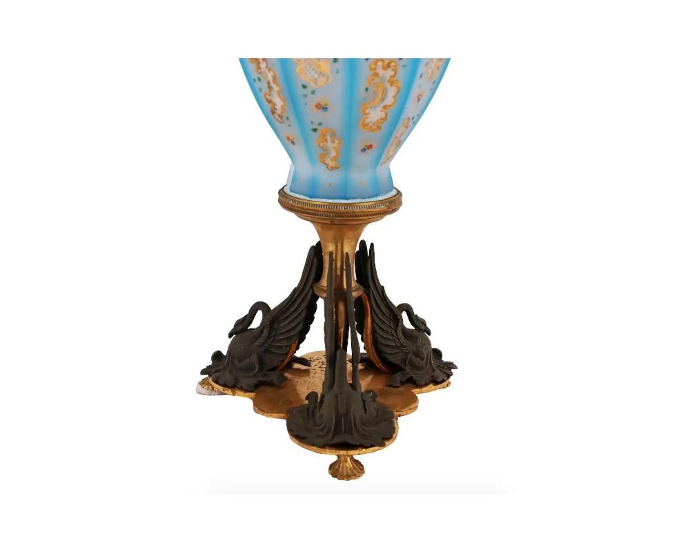 19th Century Turquoise Blue Opaline Glass Vase with Swan Stand
