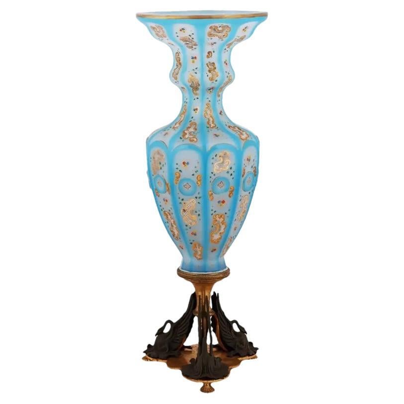 Turquoise Blue Opaline Glass Vase with Swan Stand
