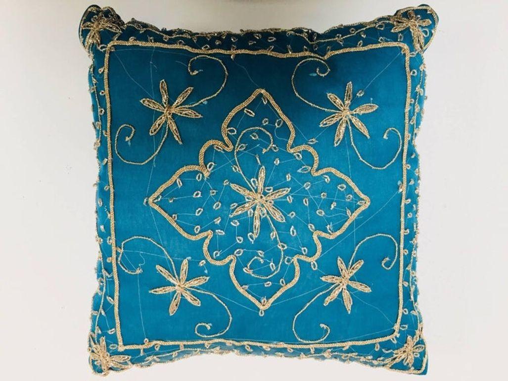 Turquoise Blue Pillow Embellished with Sequins and Beads For Sale 3