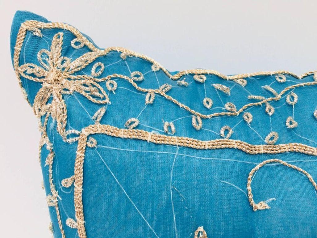 Anglo Raj Turquoise Blue Pillow Embellished with Sequins and Beads For Sale