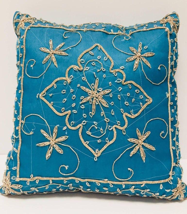Indian Turquoise Blue Pillow Embellished with Sequins and Beads For Sale