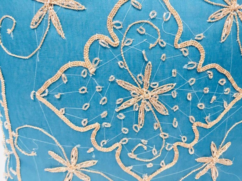Hand-Crafted Turquoise Blue Pillow Embellished with Sequins and Beads For Sale