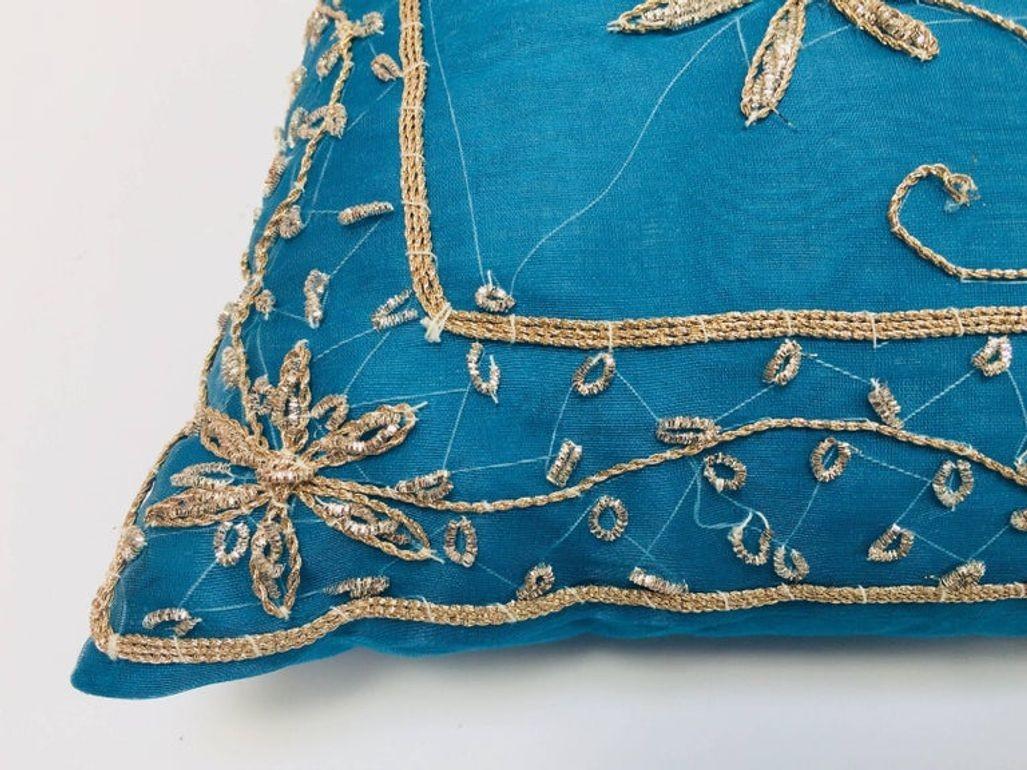 Fabric Turquoise Blue Pillow Embellished with Sequins and Beads For Sale