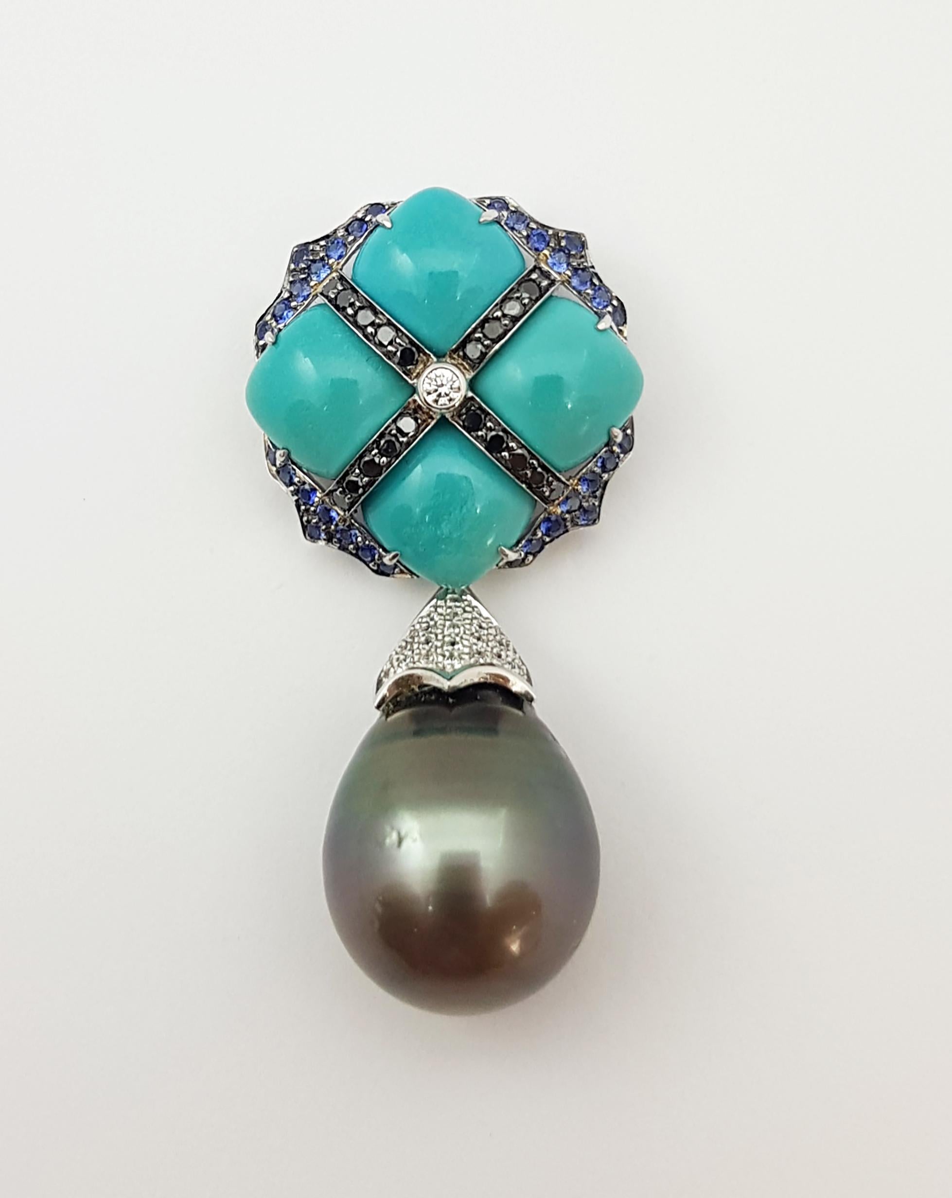 Mixed Cut Turquoise, Blue Sapphire, Black Diamond and Diamond Pendant 18 Karat White Gold For Sale