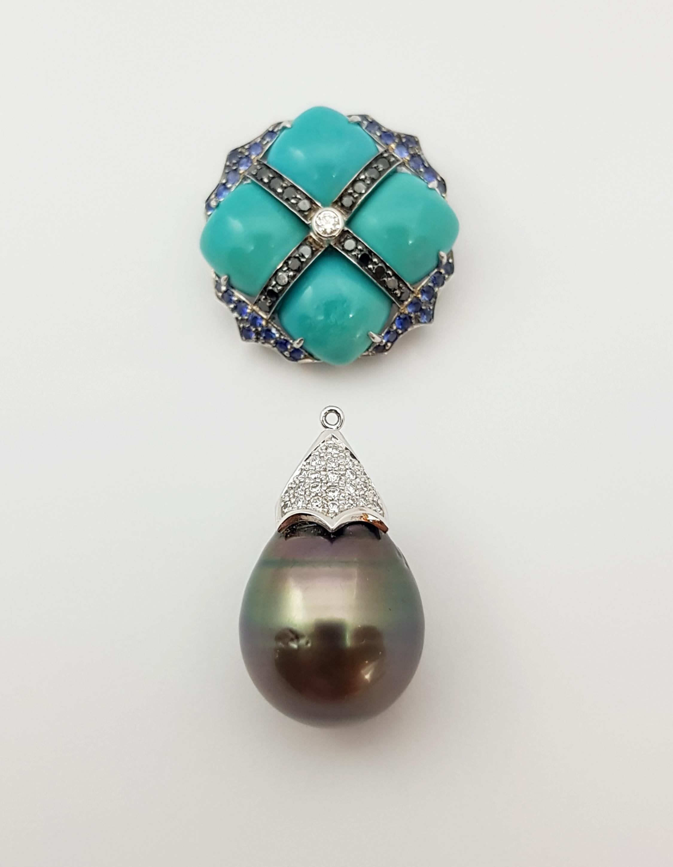 Turquoise, Blue Sapphire, Black Diamond and Diamond Pendant 18 Karat White Gold In New Condition For Sale In Bangkok, TH
