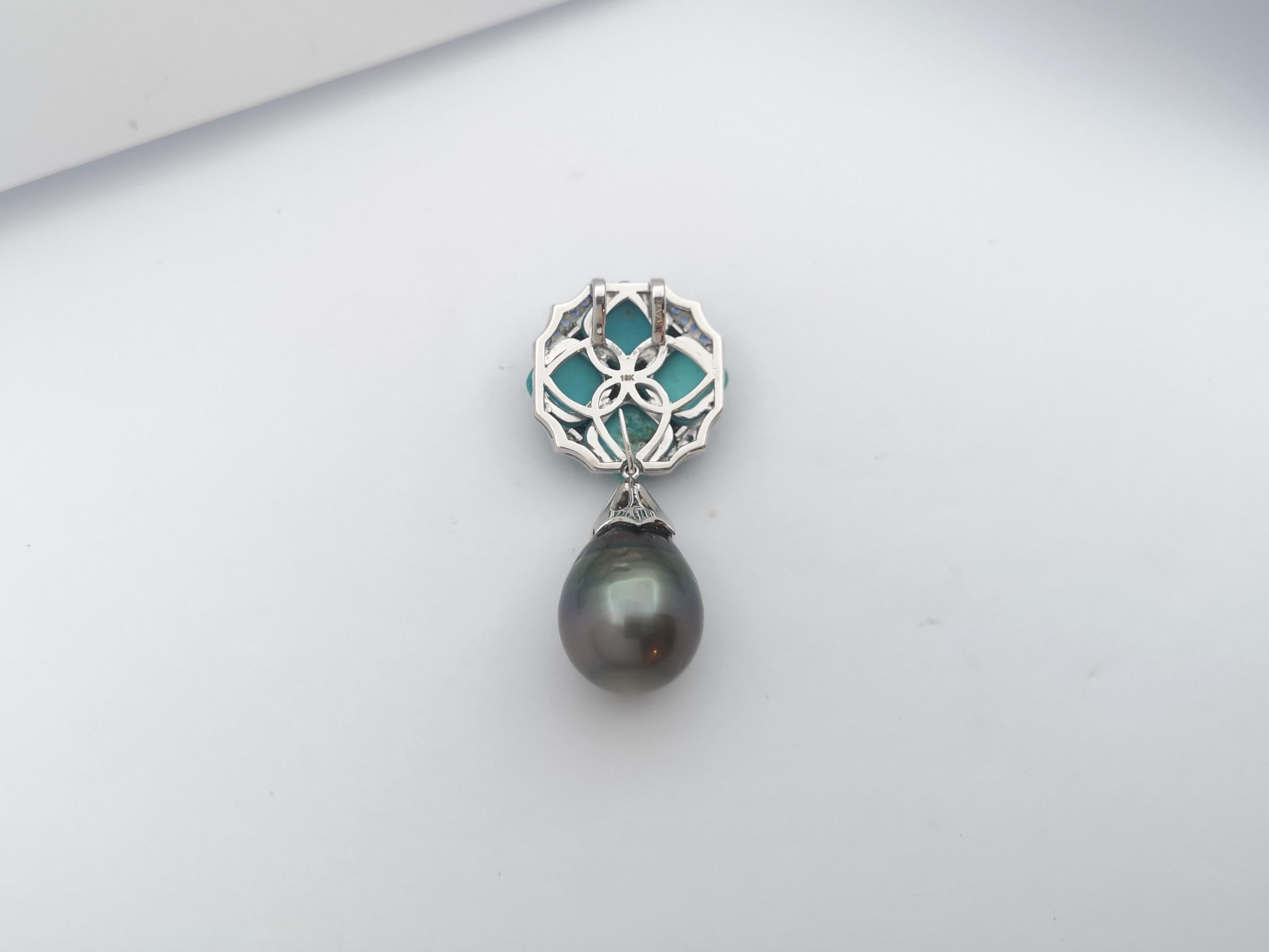 Turquoise, Blue Sapphire, Black Diamond and Diamond Pendant 18 Karat White Gold For Sale 1