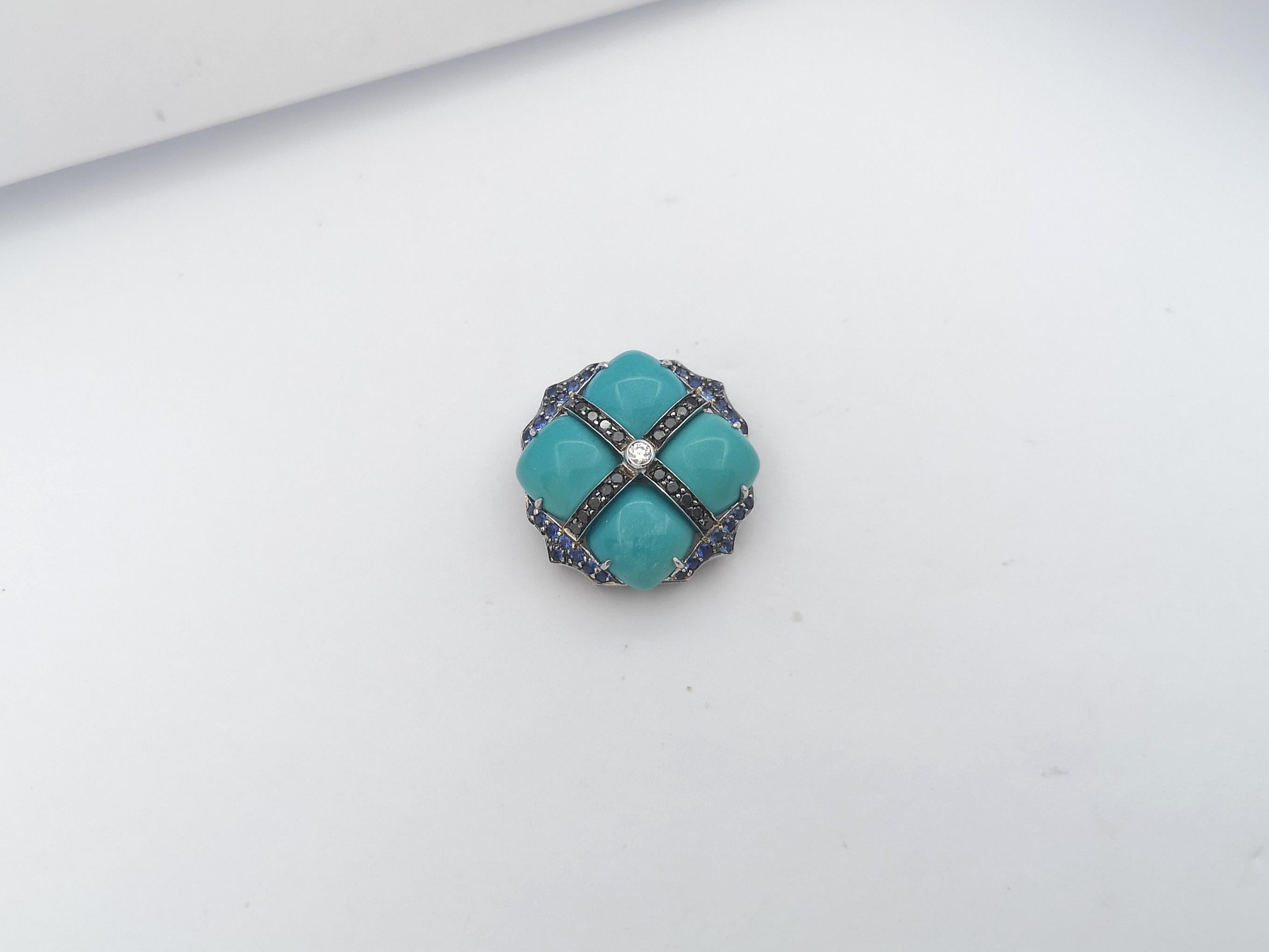 Turquoise, Blue Sapphire, Black Diamond and Diamond Pendant 18 Karat White Gold For Sale 2