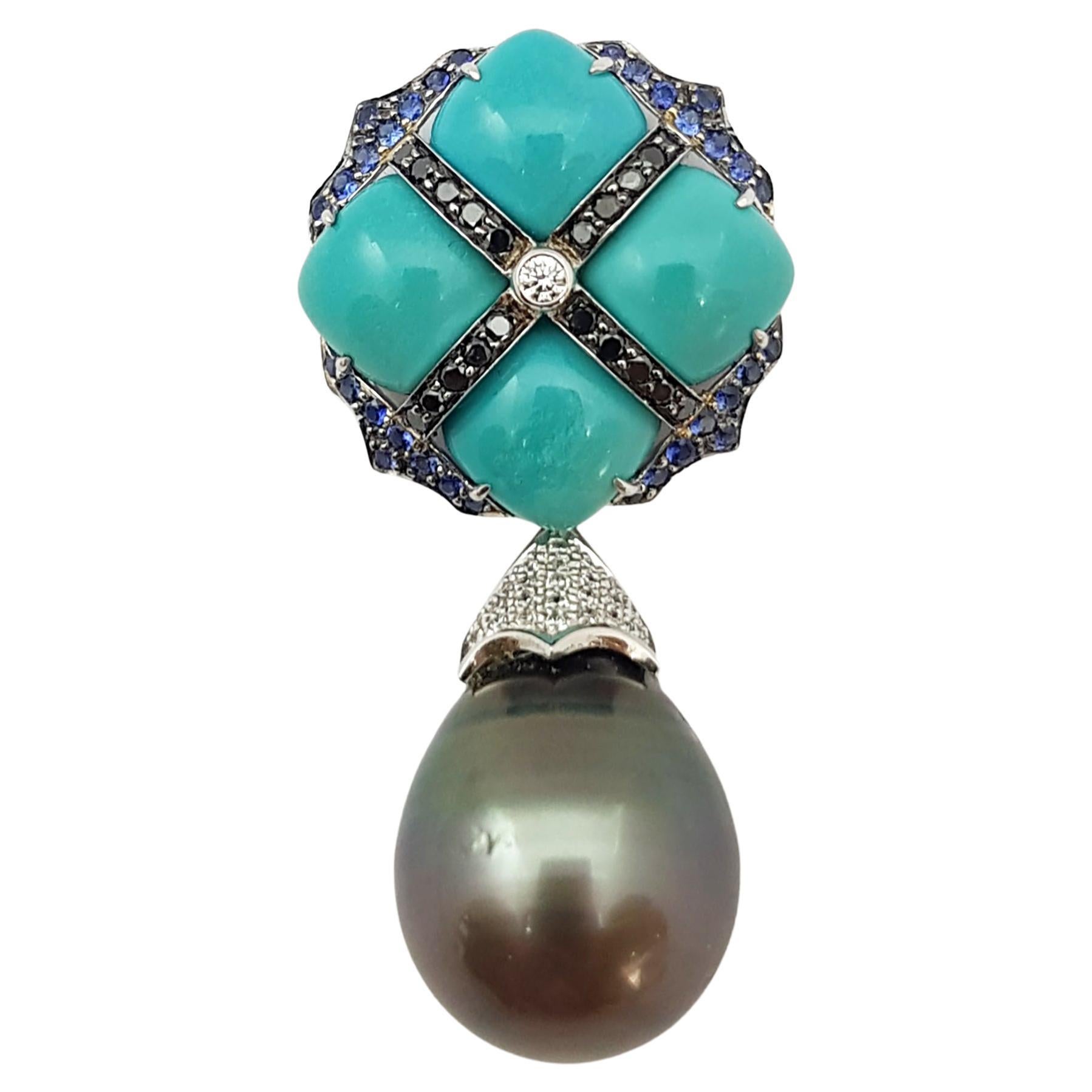 Turquoise, Blue Sapphire, Black Diamond and Diamond Pendant 18 Karat White Gold For Sale