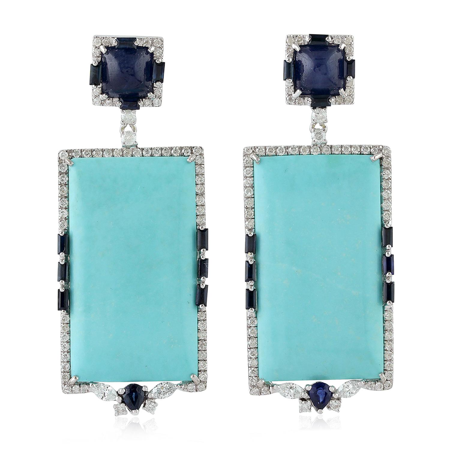 Contemporary Turquoise Blue Sapphire Diamond 18 Karat Gold Earrings For Sale