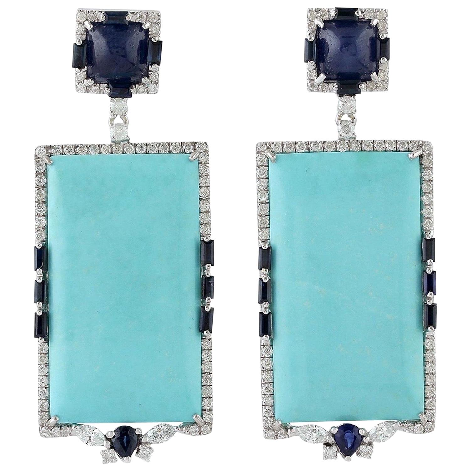 Turquoise Blue Sapphire Diamond 18 Karat Gold Earrings