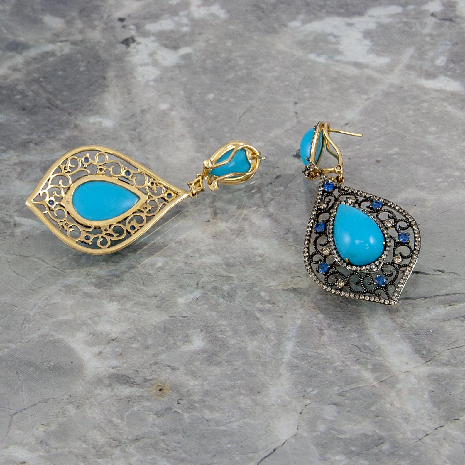 Contemporary Turquoise Blue Sapphire Diamond Drop Dangle Earrings 14 Karat Gold For Sale