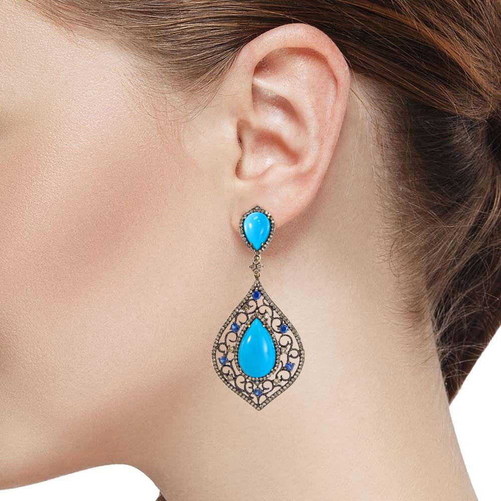 Pear Cut Turquoise Blue Sapphire Diamond Drop Dangle Earrings 14 Karat Gold For Sale
