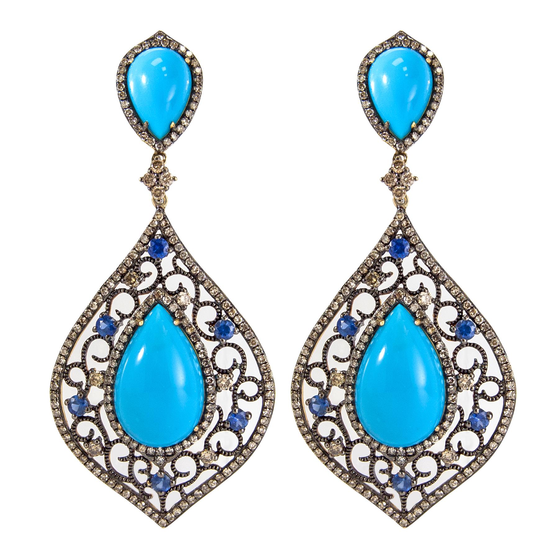 Turquoise Blue Sapphire Diamond Drop Dangle Earrings 14 Karat Gold For Sale