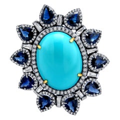 Bague en turquoise, saphir bleu et diamant