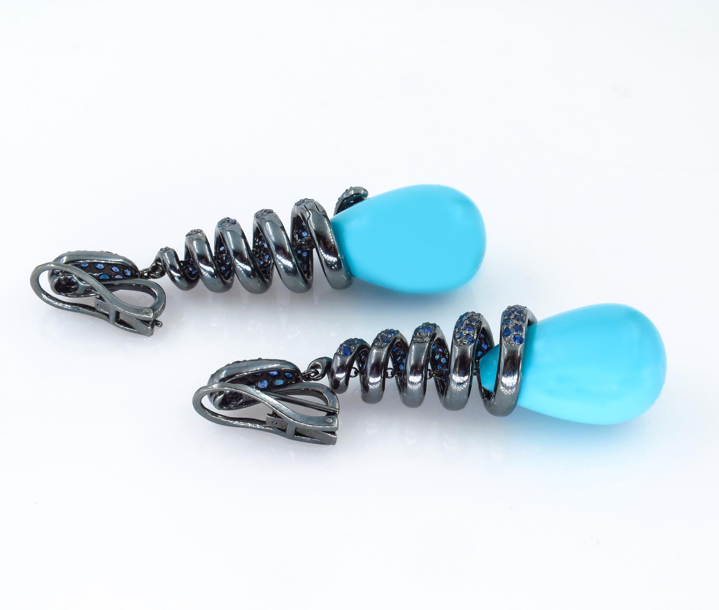 Women's Turquoise Blue Sapphire Pave Dangling Hanging Drop White Gold Earrings