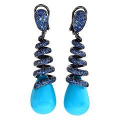 Turquoise Blue Sapphire Pave Dangling Hanging Drop White Gold Earrings