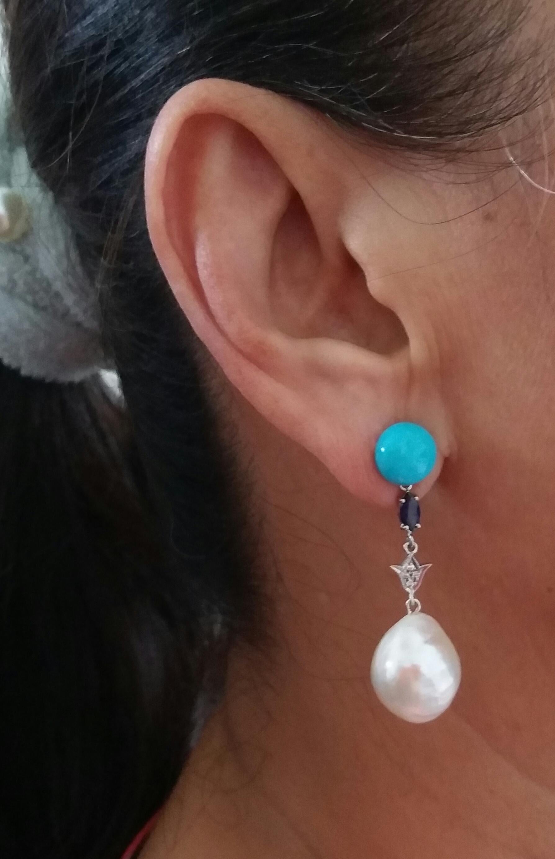Turquoise Blue Sapphires White Gold Diamonds Pear Shape Baroque Pearls Earrings For Sale 1
