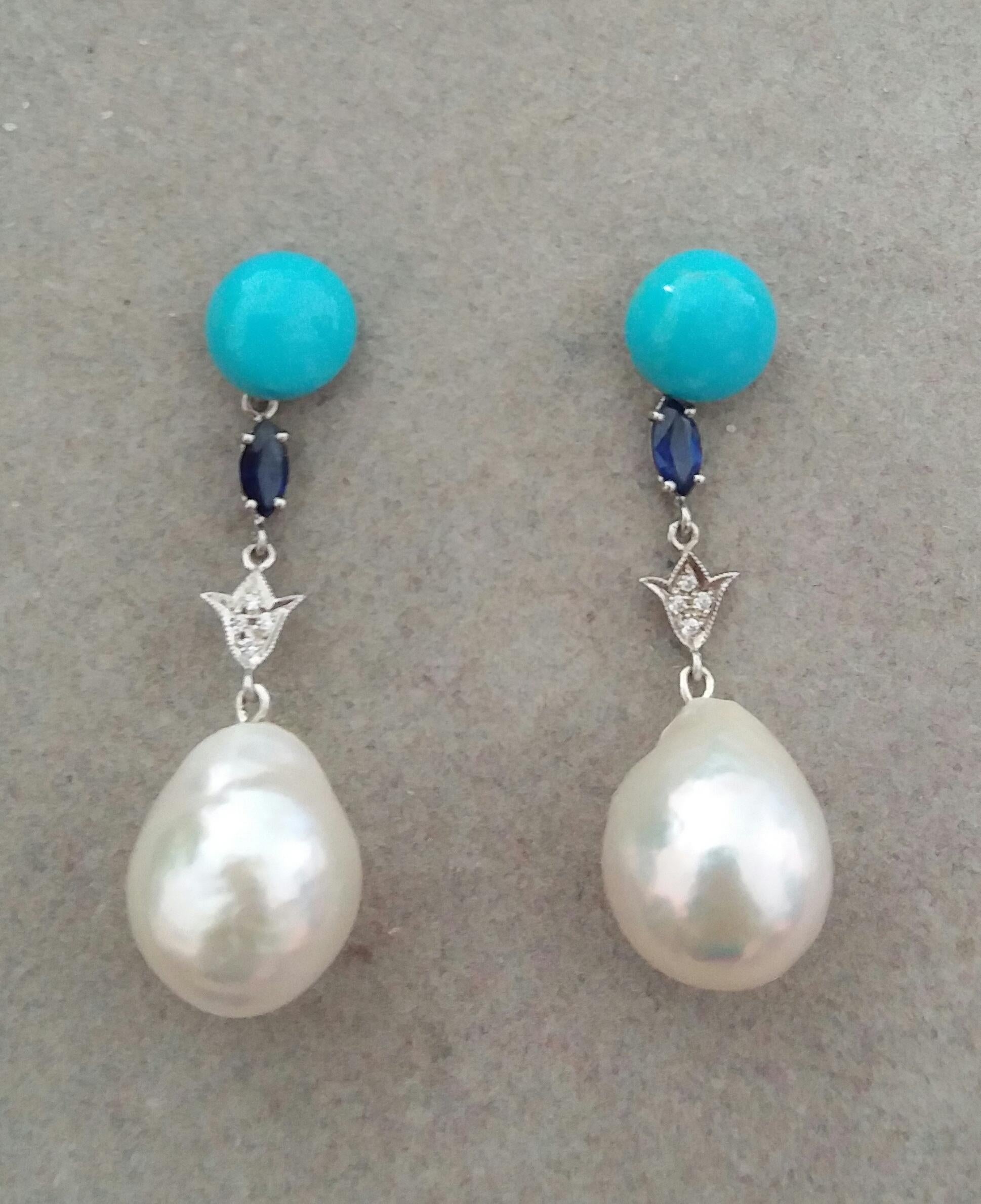 Turquoise Blue Sapphires White Gold Diamonds Pear Shape Baroque Pearls Earrings For Sale 2