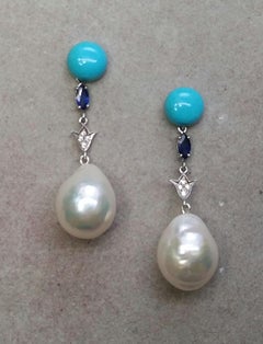 Turquoise Blue Sapphires White Gold Diamonds Pear Shape Baroque Pearls Earrings