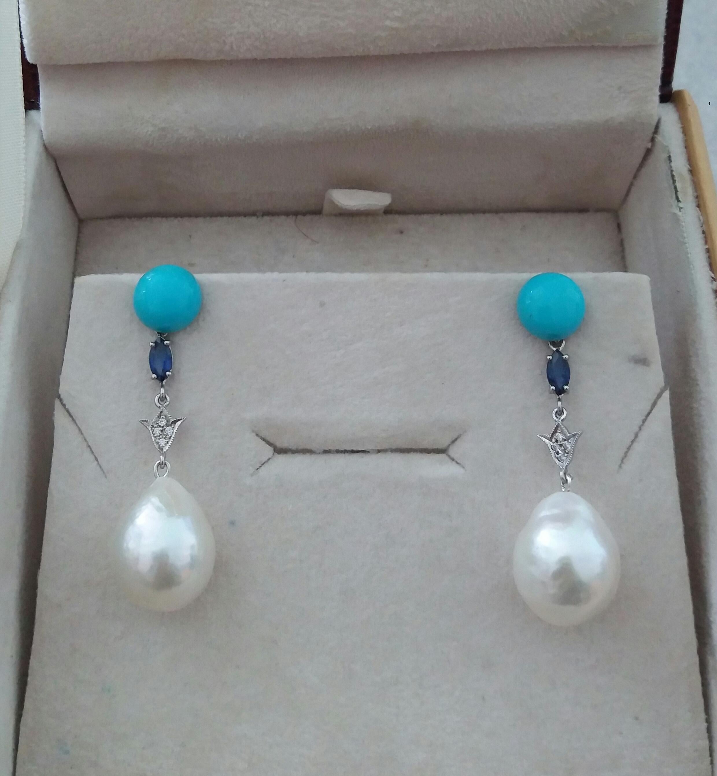 Art Deco Turquoise Blue Sapphires White Gold Diamonds Pear Shape Baroque Pearls Earrings For Sale