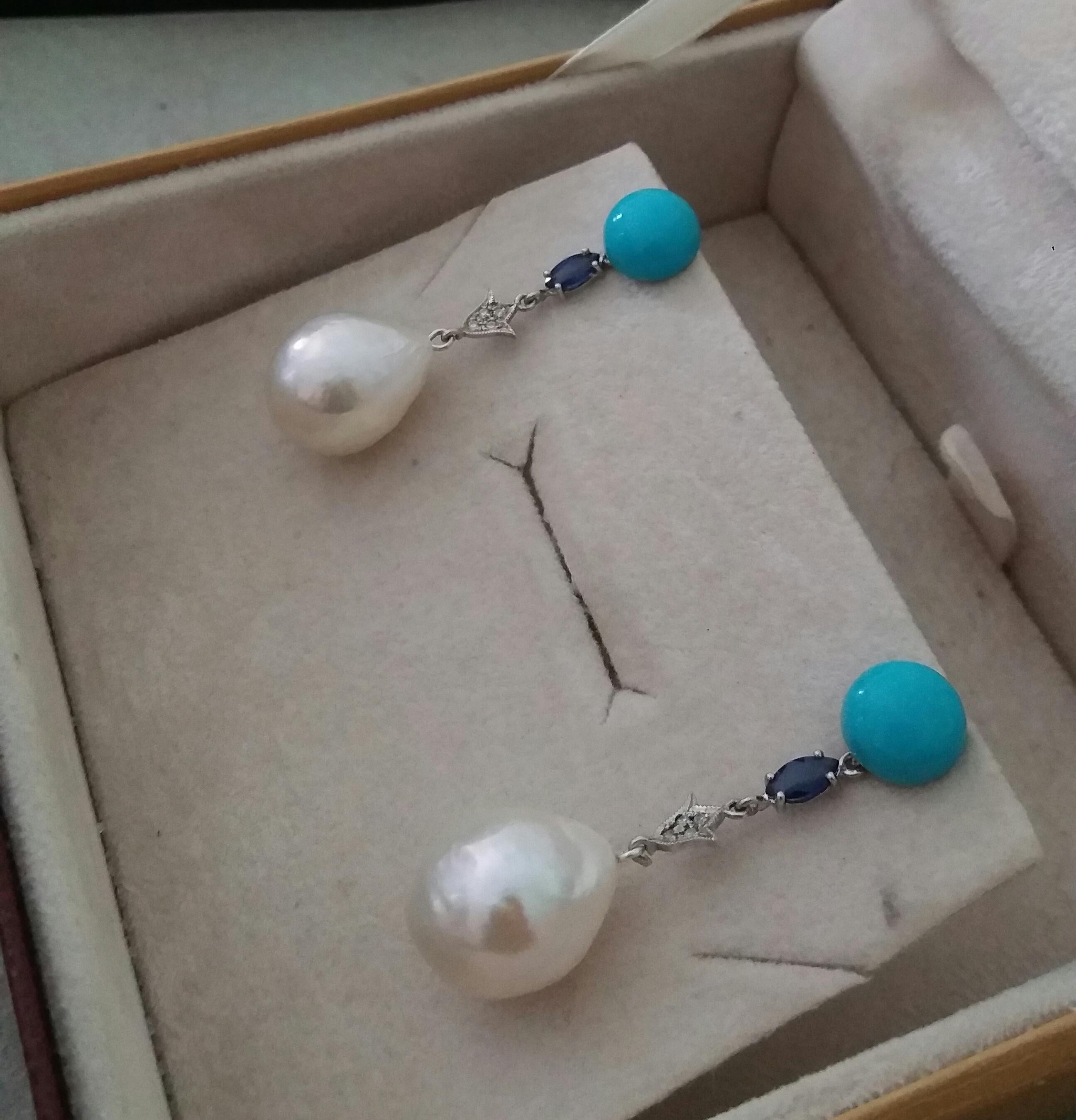 Marquise Cut Turquoise Blue Sapphires White Gold Diamonds Pear Shape Baroque Pearls Earrings For Sale