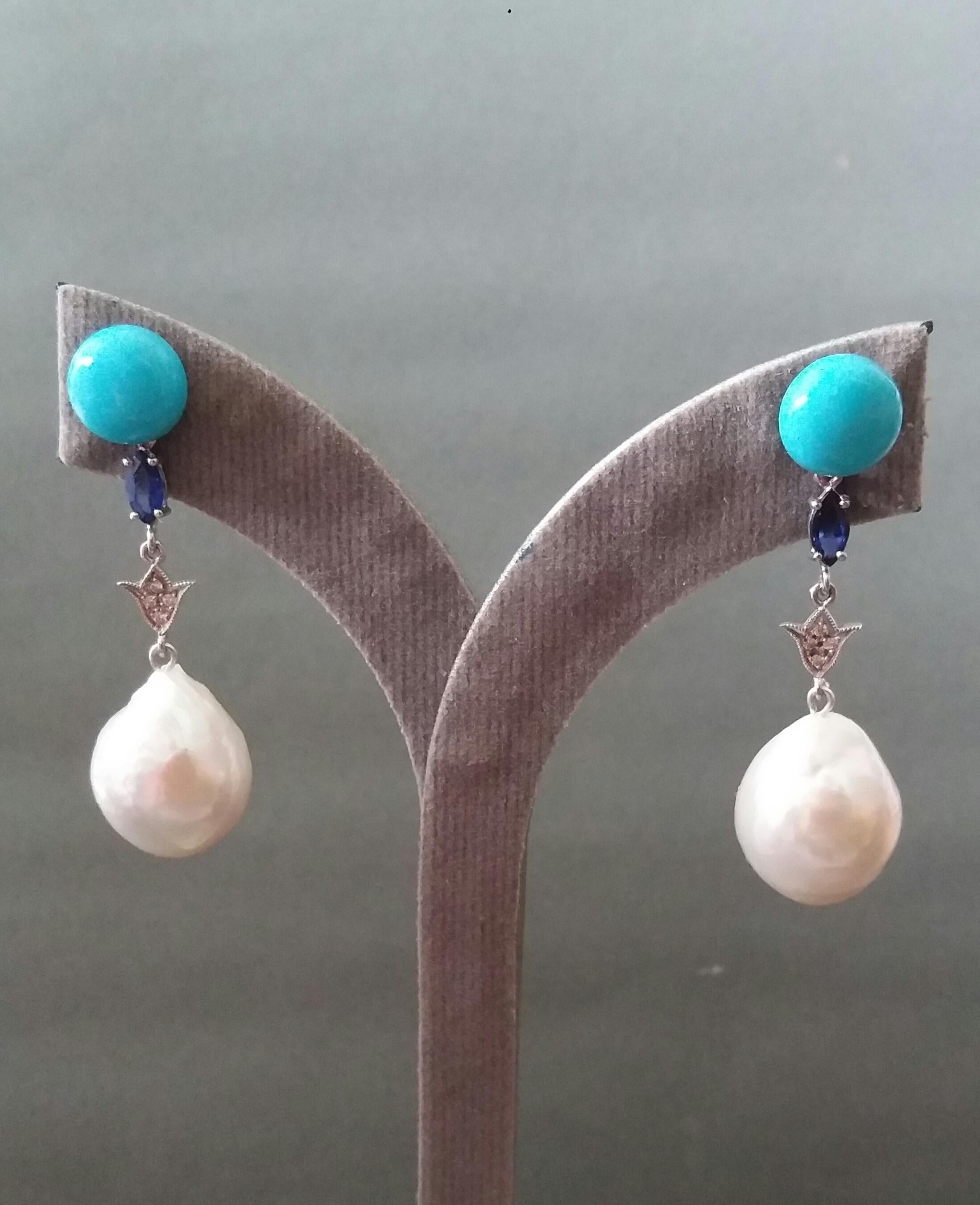 Turquoise Blue Sapphires White Gold Diamonds Pear Shape Baroque Pearls Earrings In Good Condition For Sale In Bangkok, TH