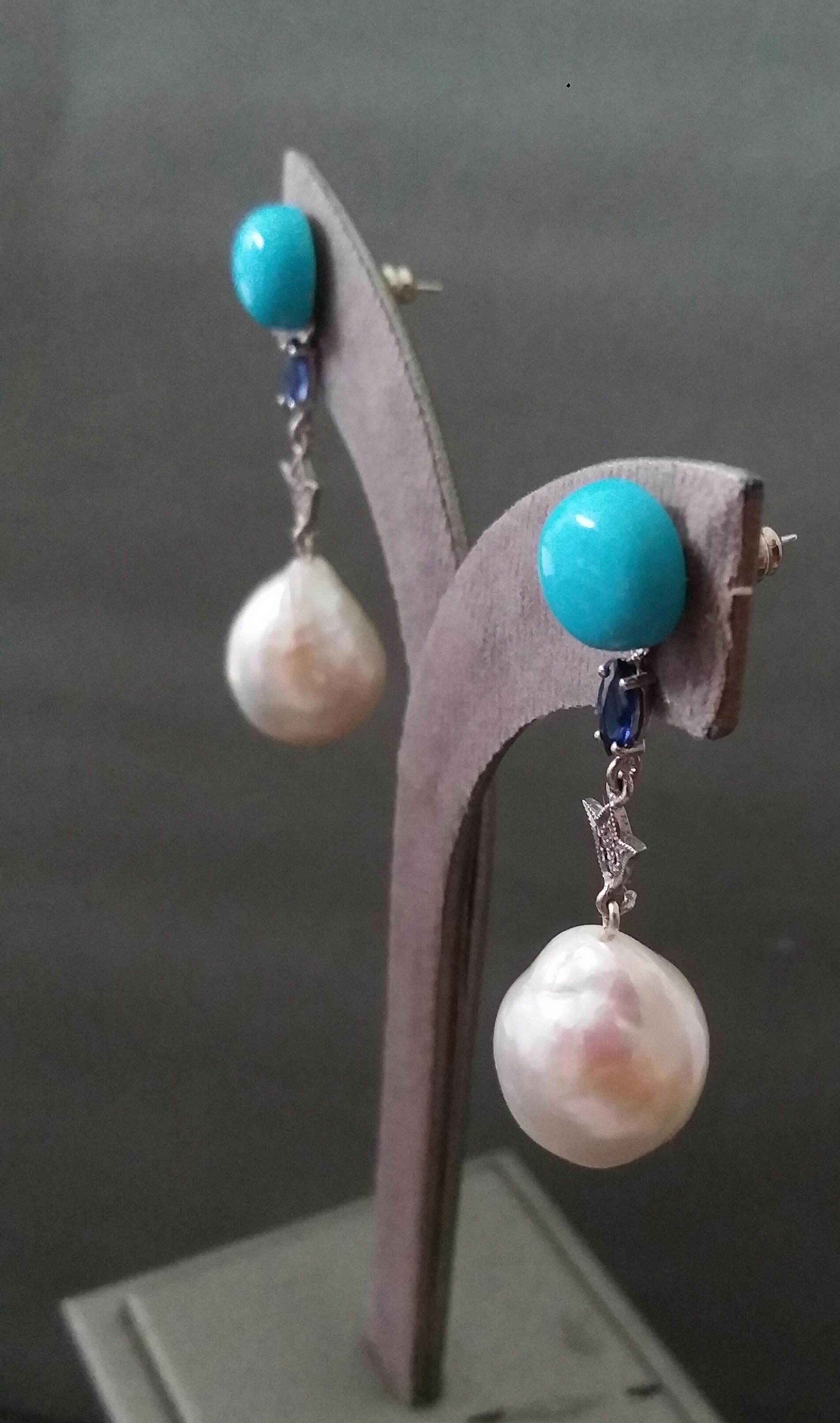 Women's Turquoise Blue Sapphires White Gold Diamonds Pear Shape Baroque Pearls Earrings For Sale