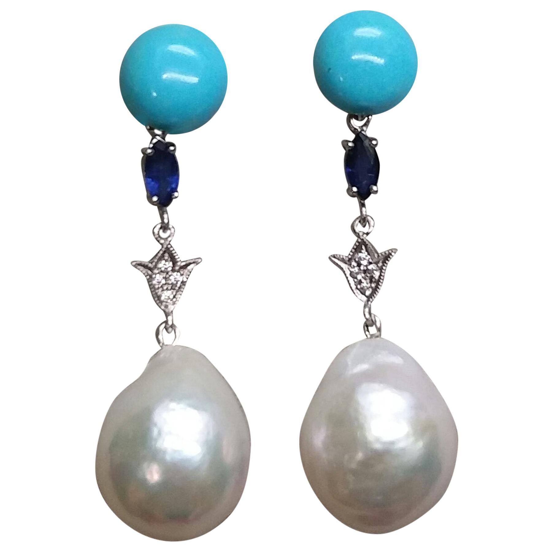 Turquoise Blue Sapphires White Gold Diamonds Pear Shape Baroque Pearls Earrings For Sale