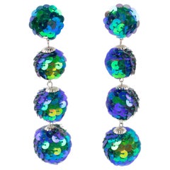 Vintage Turquoise Blue Sequin Disco Balls Dangle Clip Earrings
