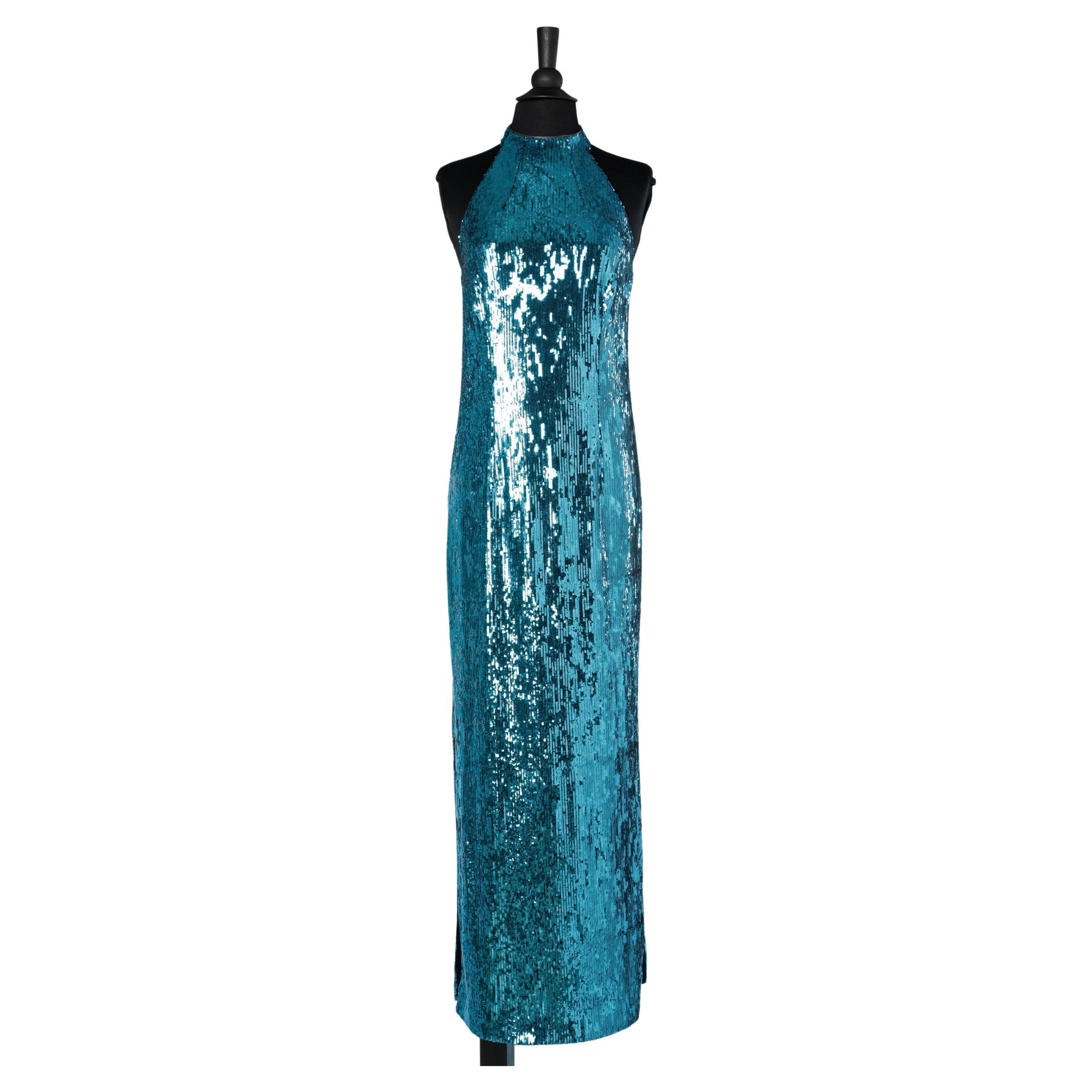 Turquoise blue sequin dress sleeveless and backless Galvan London  For Sale