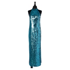 Retro Turquoise blue sequin dress sleeveless and backless Galvan London 