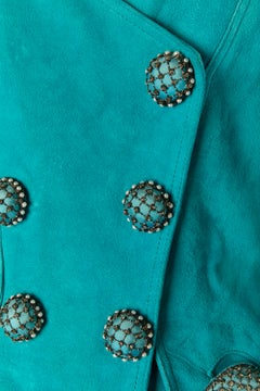 Turquoise blue suede skirt suit with embellishment JEAN-CLAUDE JITROIS