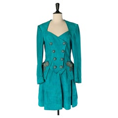 Turquoise blue suede skirt suit with embellishment JEAN-CLAUDE JITROIS