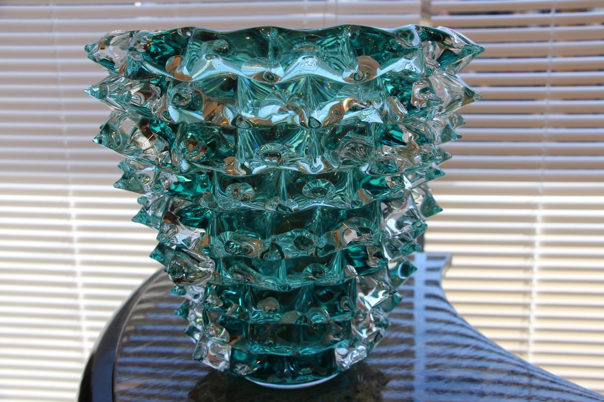 Turquoise Blue Vase in Murano Glass with Spikes Decor, Barovier Style, Rostrato 4
