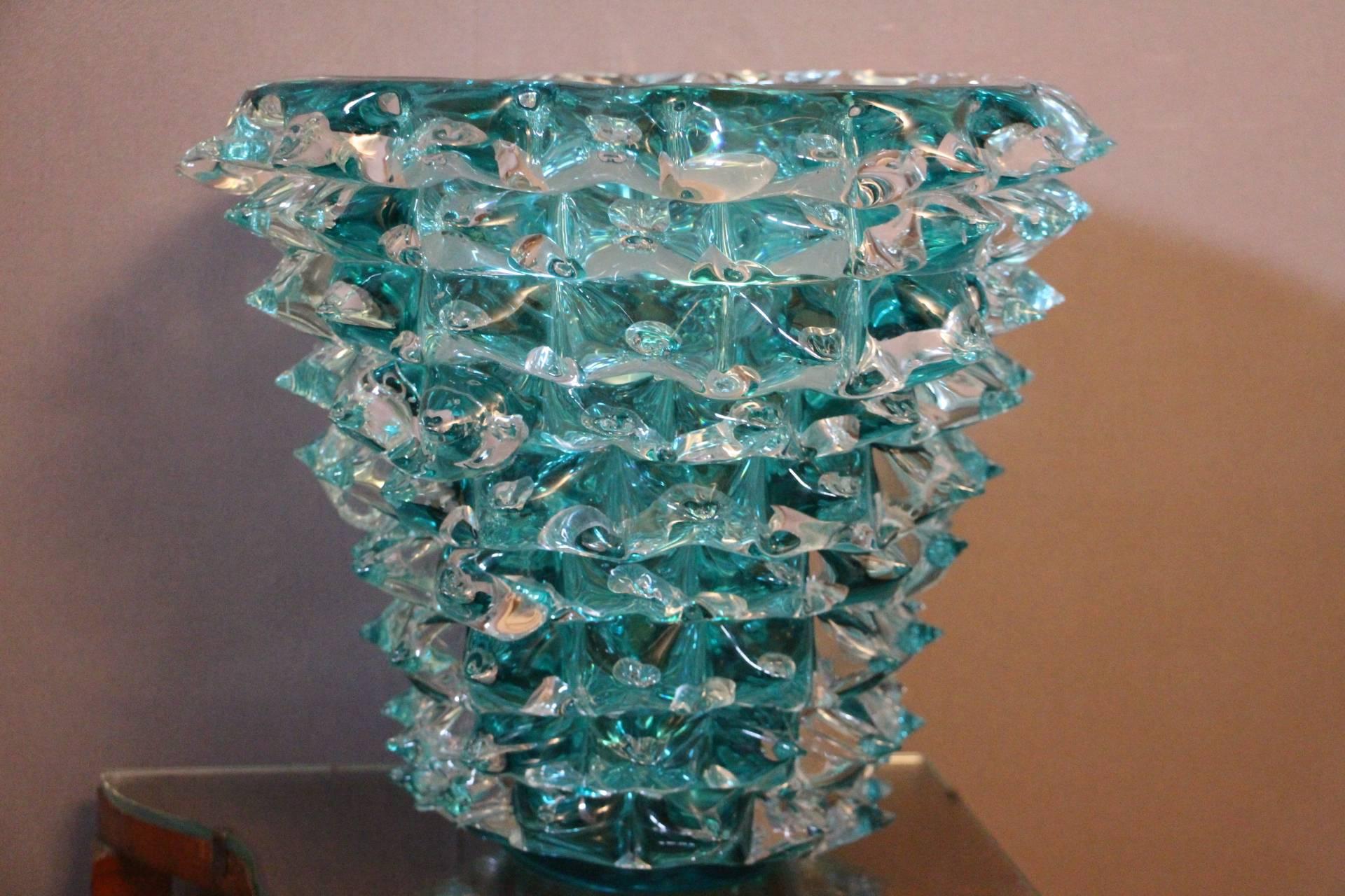 Turquoise Blue Vase in Murano Glass with Spikes Decor, Barovier Style, Rostrato 6