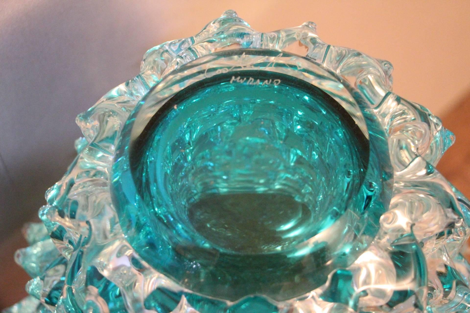 Turquoise Blue Vase in Murano Glass with Spikes Decor, Barovier Style, Rostrato 8