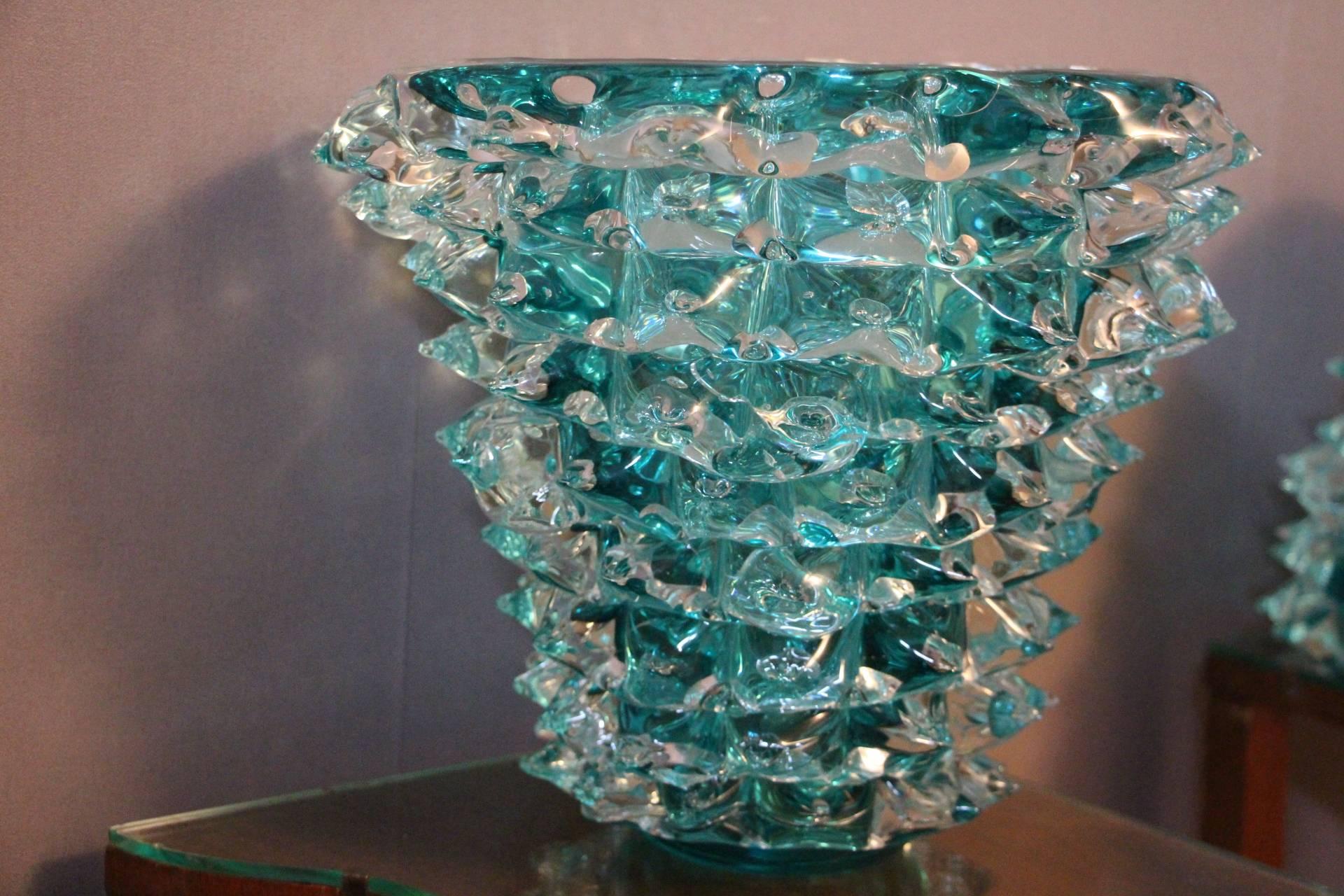 Turquoise Blue Vase in Murano Glass with Spikes Decor, Barovier Style, Rostrato 10