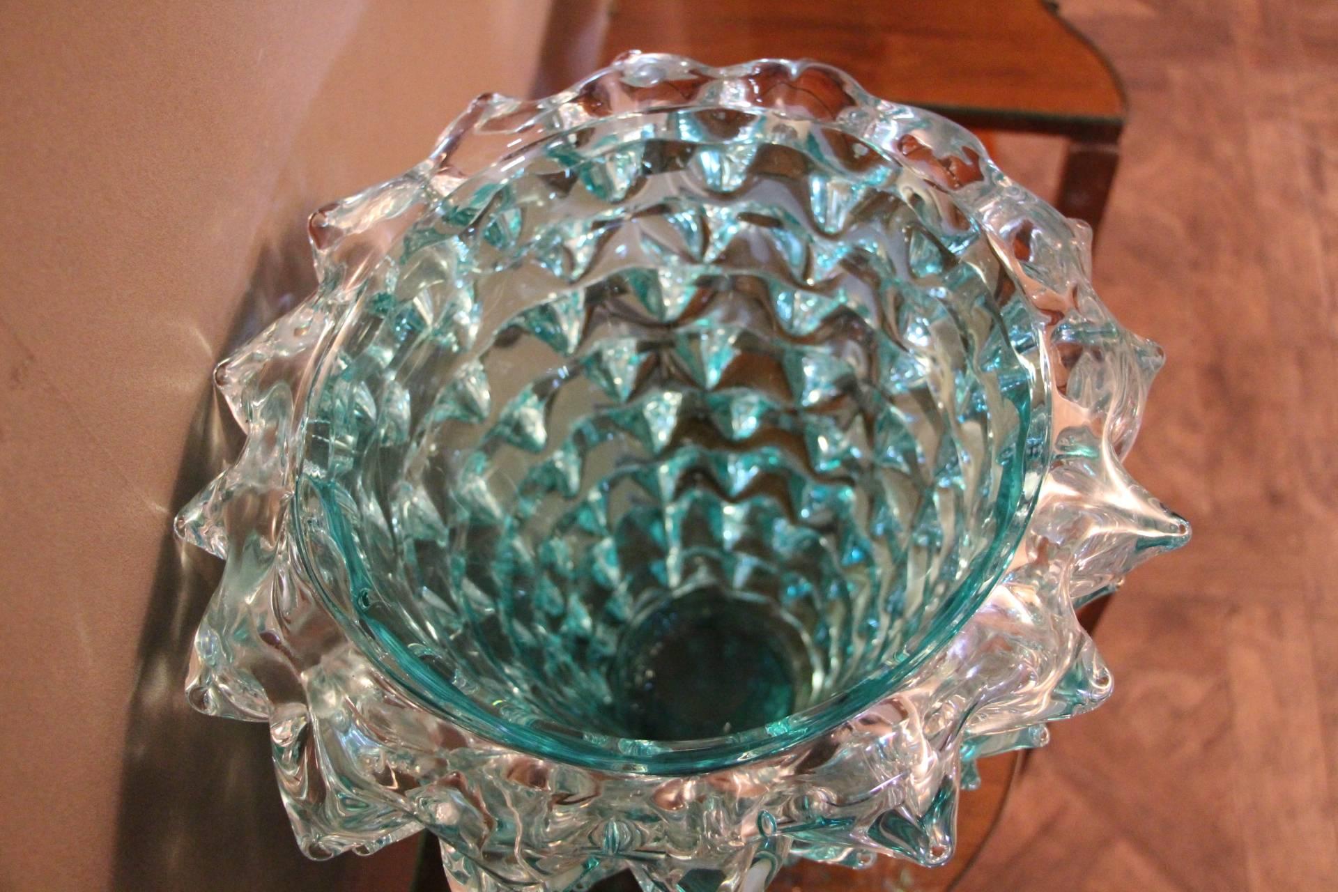Turquoise Blue Vase in Murano Glass with Spikes Decor, Barovier Style, Rostrato 11