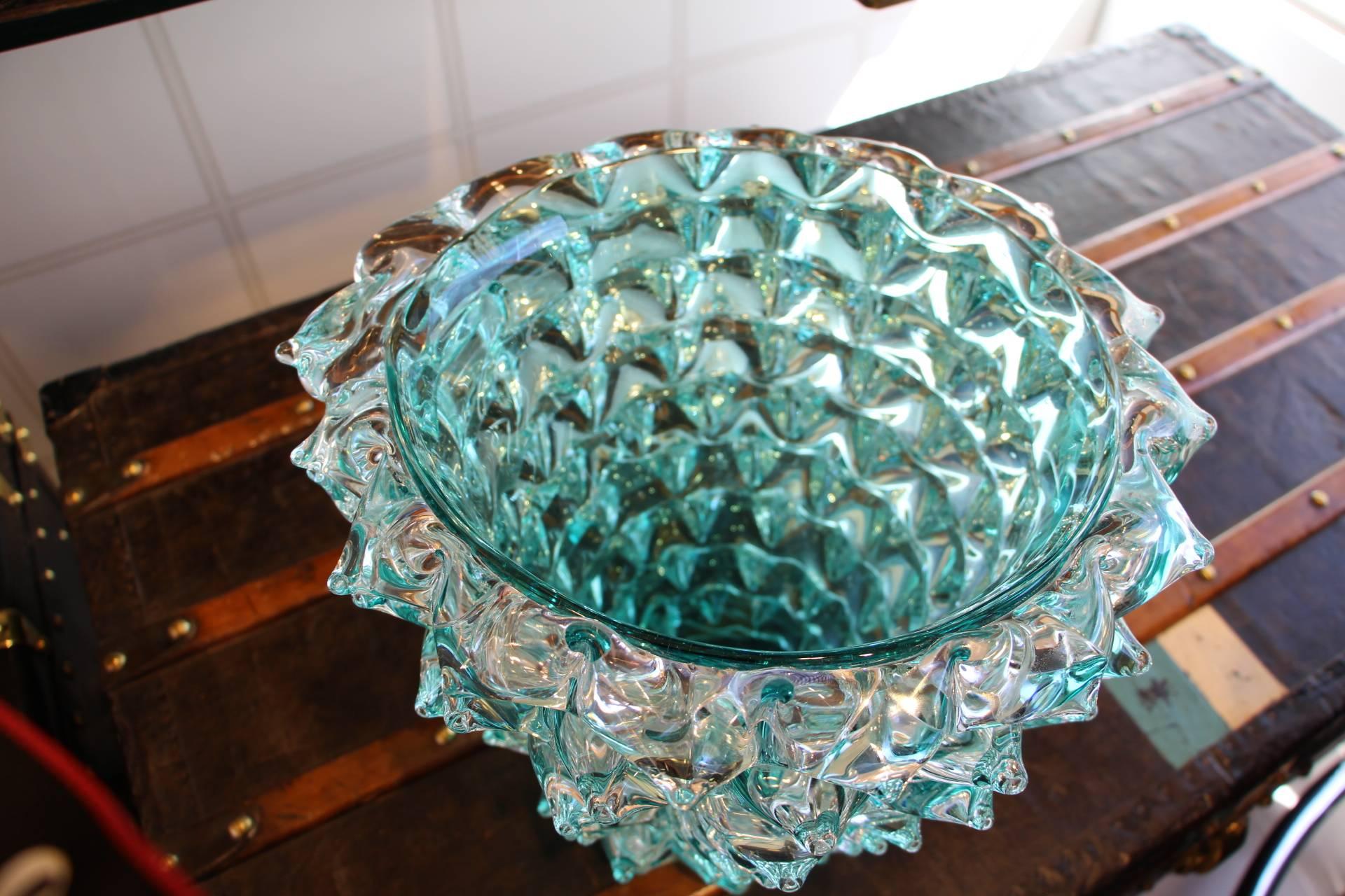 Turquoise Blue Vase in Murano Glass with Spikes Decor, Barovier Style, Rostrato In Excellent Condition In Saint-Ouen, FR